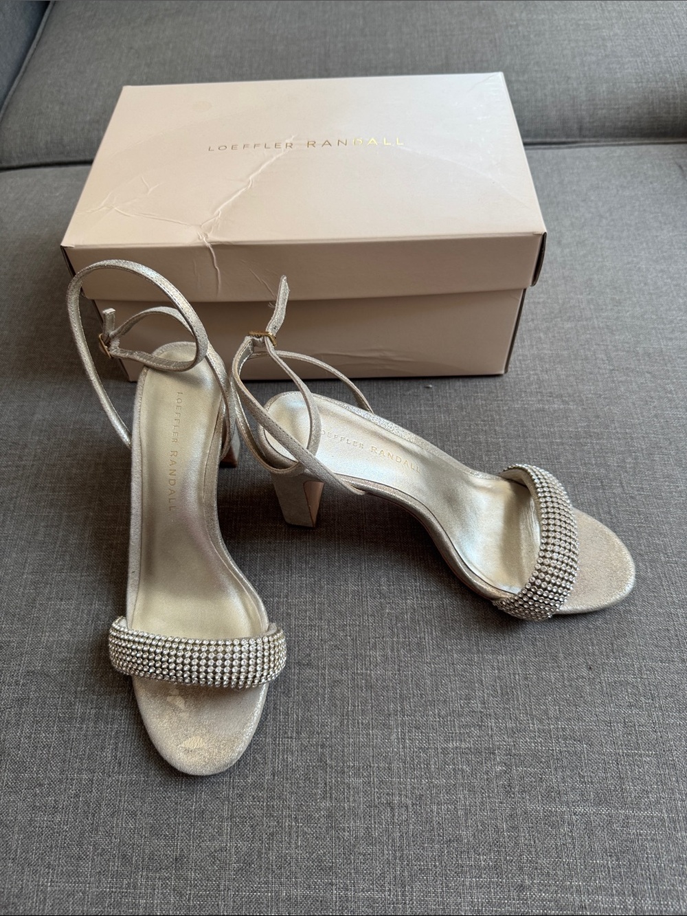 Loeffler Randall Shay High Heel Ankle Strap Rhinestone Crystal Sandal 6